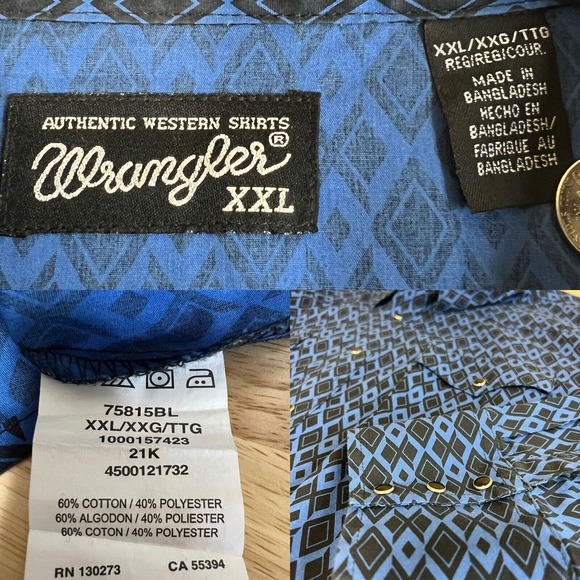 Wrangler Authentic Western Shirt Men's Size XXL Blue Black Pearl Snap Geometric - Picture 6 of 7